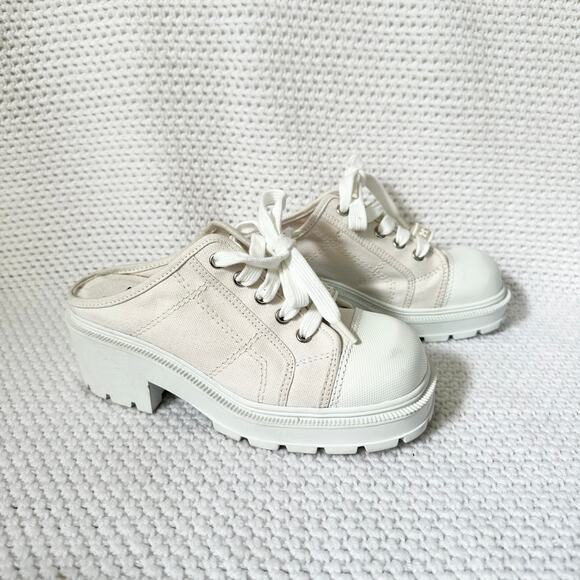 Mudd Y2K White Canvas Lug Sole Platform Square Toe Mule Slip On Lace Up Shoes 7 - Picture 1 of 9
